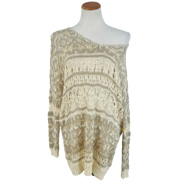 RARE NWT Free People Ivory Metallic Shimmer Slouchy On-Off Shoulder Knit Sweater - Picture 2 of 16